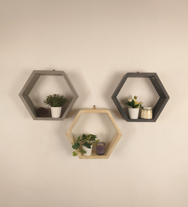 OLIVER III Hexagonal Shaped Set of 3 Wooden Wall Shelves