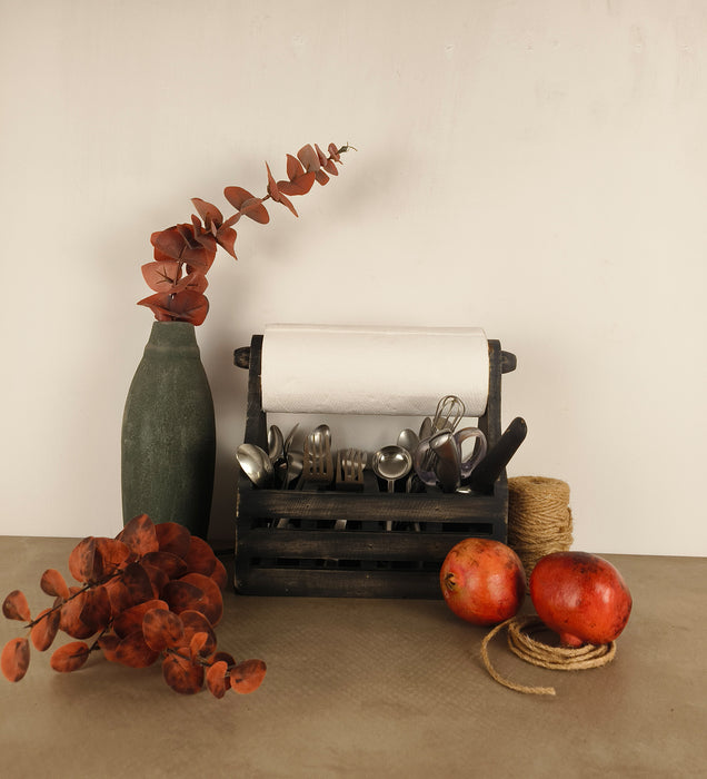 AUDREY Wooden Kitchen Roll Holder and Cutlery Holder