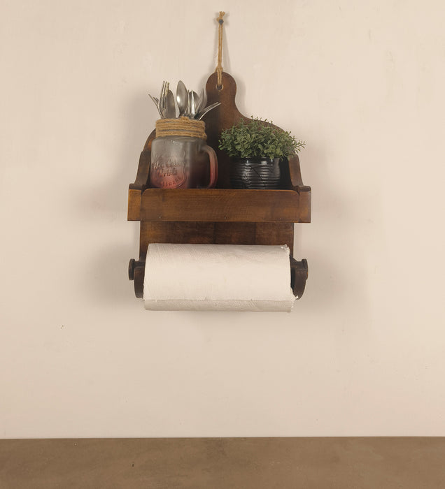 CELIA Wooden Wall Shelf Organiser with Kitchen Roll Holder