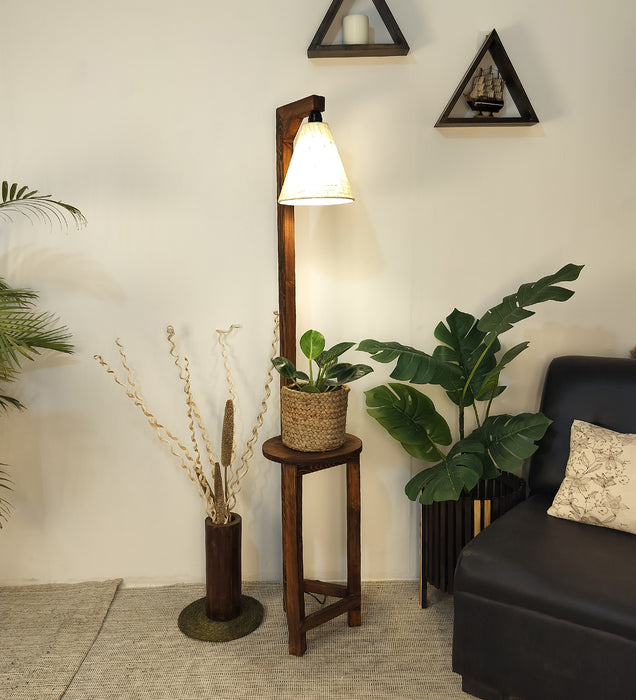 Accent Wooden Floor Lamp with Brown Base and Beige Fabric Lampshade