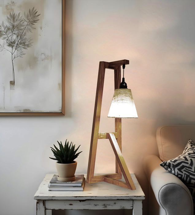 Achille Brown Wooden Table Lamp with White Jute Lampshade