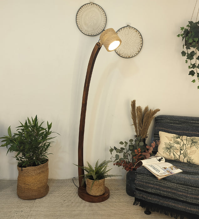 Alice Wooden Floor Lamp with Brown Base and Beige Wooden Lampshade
