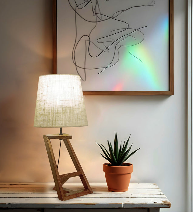 Angular Wooden Table Lamp with Brown Base and White Fabric Lampshade