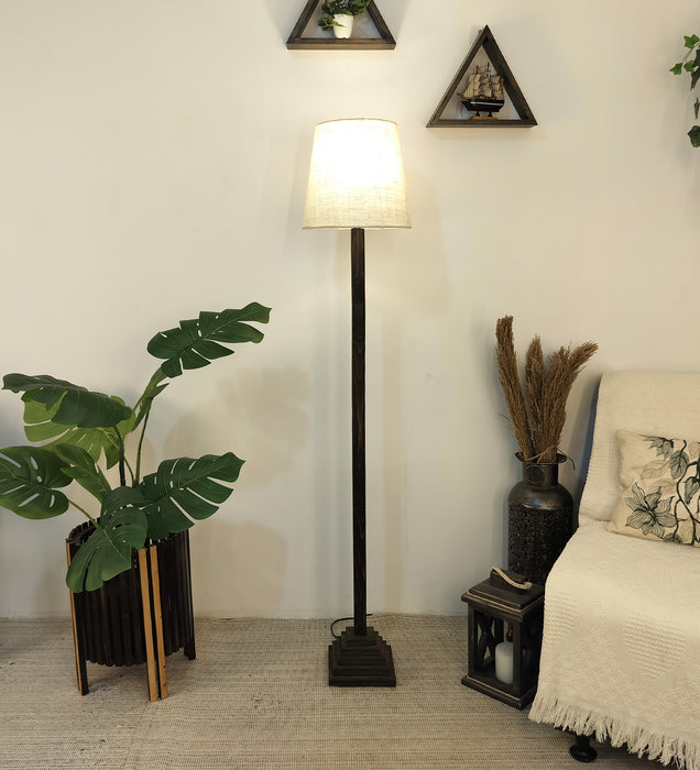 Babel Wooden Floor Lamp with Brown Base and Beige Fabric Lampshade