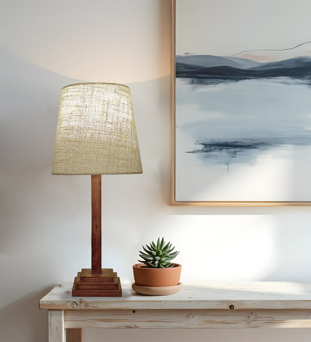 Babel Wooden Table Lamp with Brown Base and White Fabric Lampshade