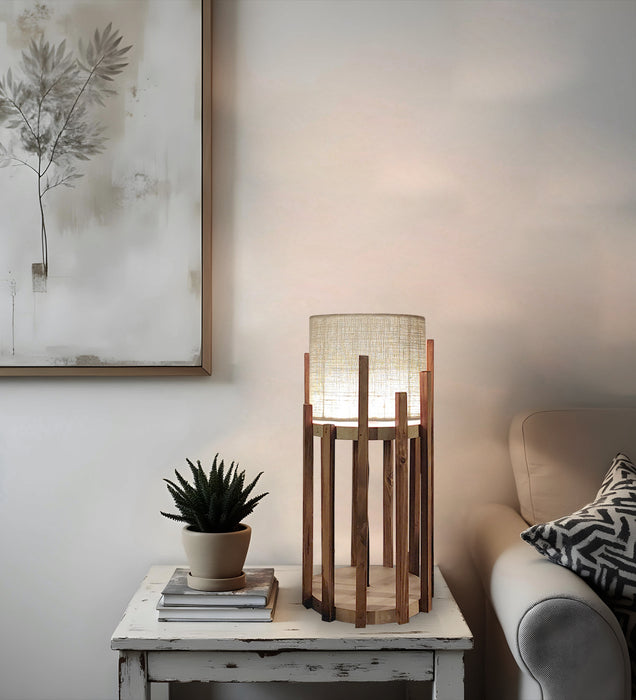 Bastian Wooden Table Lamp with Brown Base and White Fabric Lampshade