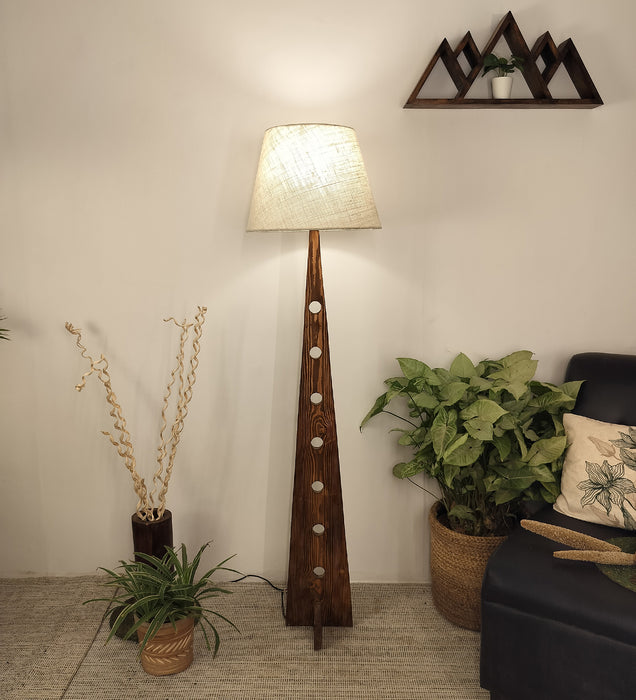 Bevel Wooden Floor Lamp with Brown Base and Beige Fabric Lampshade