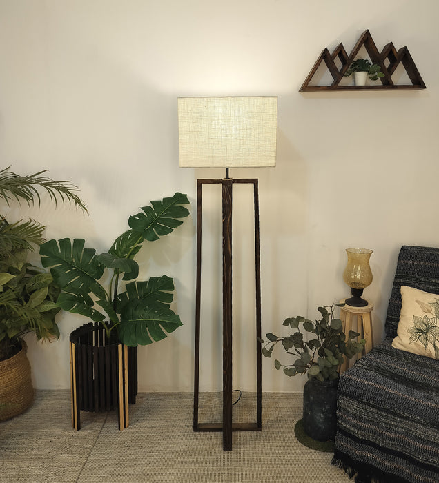 Blender Wooden Floor Lamp With Brown Base and Beige Fabric Lampshade