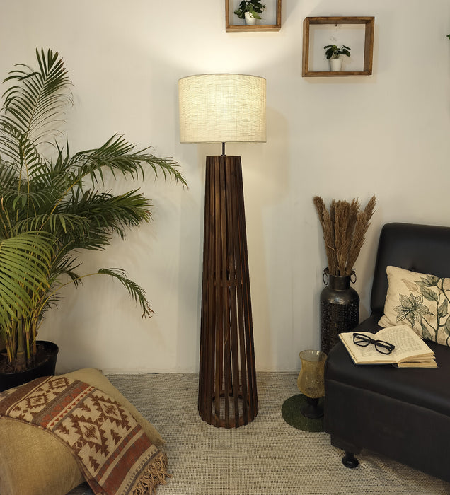Boho Wooden Floor Lamp with Brown Base and Beige Fabric Lampshade