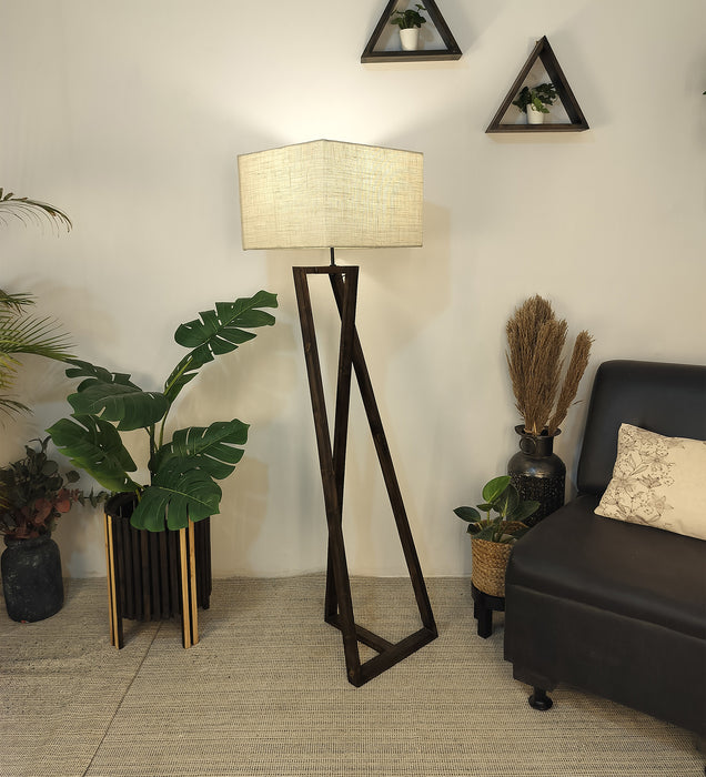 Catapult Wooden Floor Lamp with Brown Base and Premium Beige Fabric Lampshade