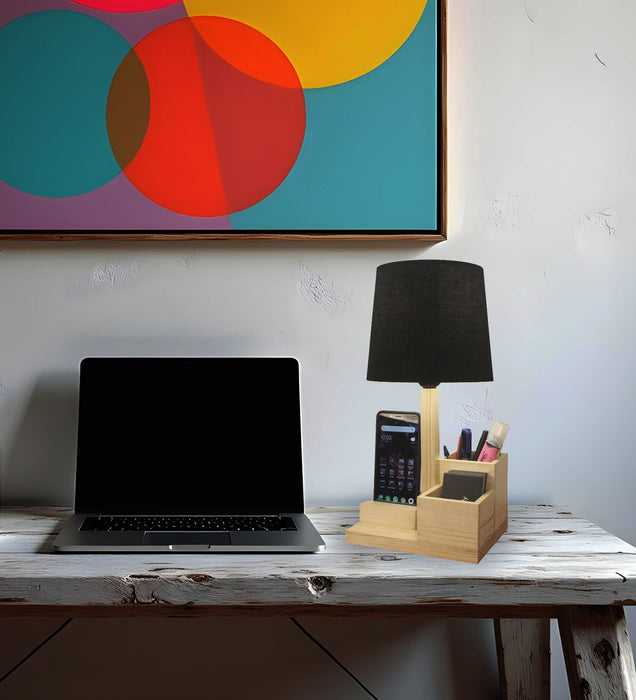 Classic Wooden Table Lamp With Black Fabric Lampshade and Desk Organiser