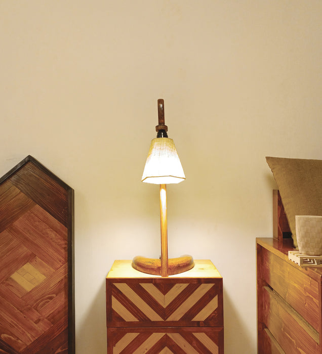 Druid Brown Wooden Table Lamp with White Jute Lampshade