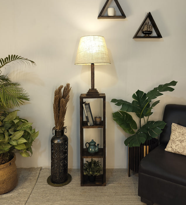 Ebenezer Wooden Floor Lamp with Brown Base and Beige Fabric Lampshade