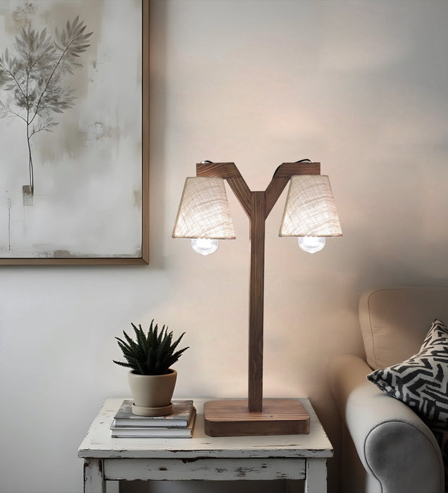 Elania Wooden Table Lamp with Brown Base and White Fabric Lampshade