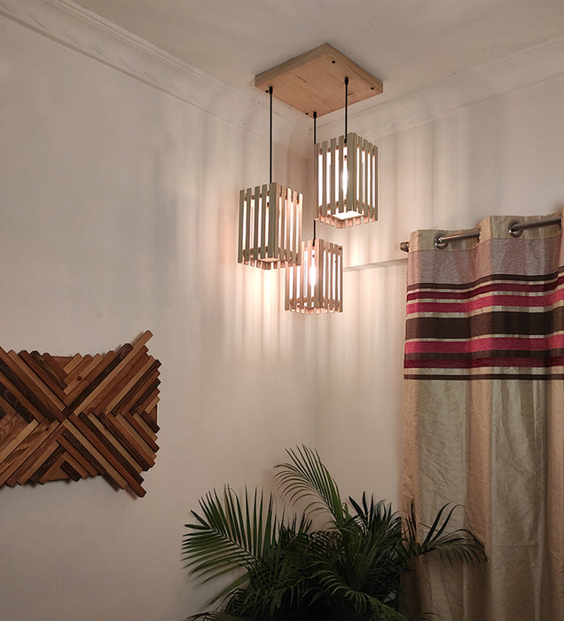 Elegant Beige Wooden Cluster Hanging Lamp
