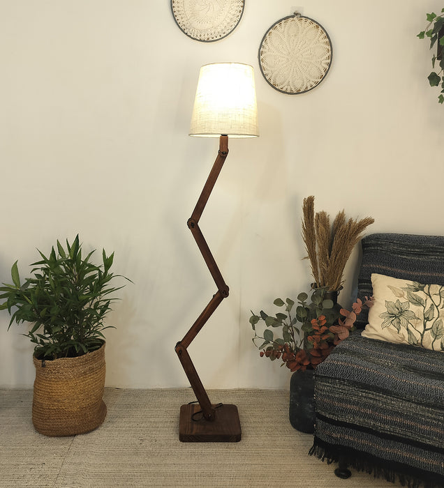 Flex Wooden Floor Lamp with Brown Base and Beige Fabric Lampshade
