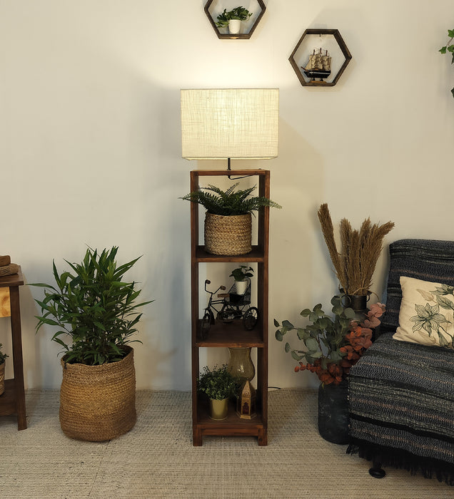 Genevieve Wooden Floor Lamp with Brown Base and Jute Fabric Lampshade