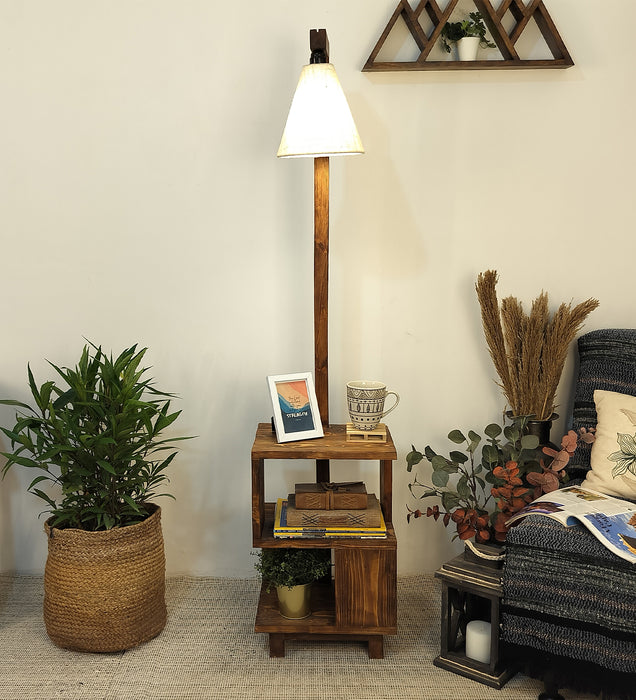 Henry Wooden Floor Lamp with Brown Base and Jute Fabric Lampshade