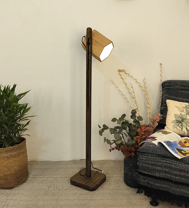 HexSpot Wooden Floor Lamp with Brown Base and Beige Wooden Lampshade