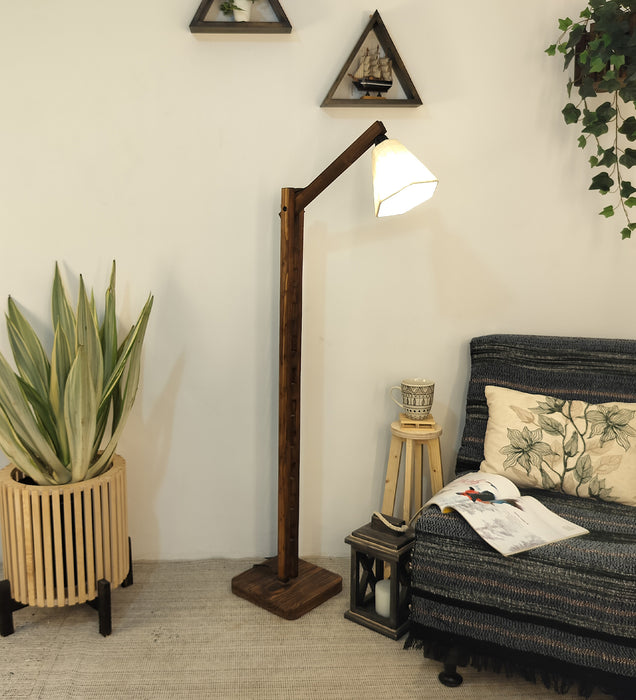Hinge Wooden Floor Lamp with Brown Base and Beige Fabric Lampshade