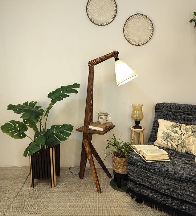 Hubert Wooden Floor Lamp with Brown Base and Jute Fabric Lampshade