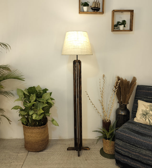 Stella Wooden Floor Lamp With Brown Base and Beige Fabric Lampshade