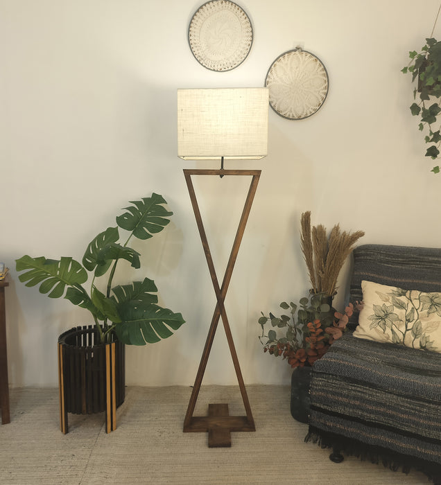 Infinity Wooden Floor Lamp With Brown Base and Beige Fabric Lampshade