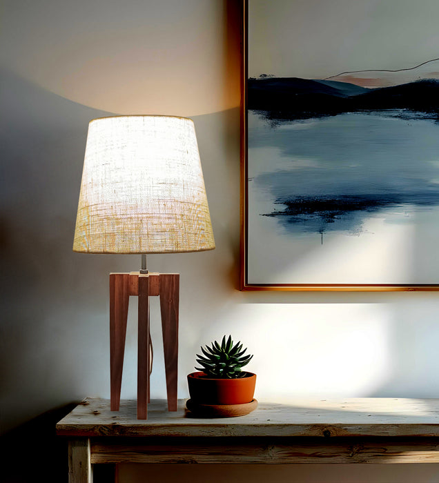 Jet Brown Wooden Table Lamp with White Fabric Lampshade
