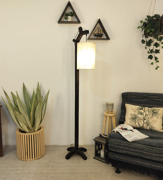 Leo Wooden Floor Lamp with Brown Base and Jute Fabric Lampshade