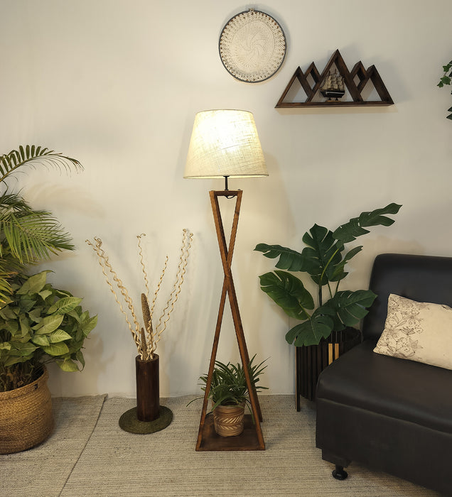 Monica Wooden Floor Lamp With Brown Base and Beige Fabric Lampshade