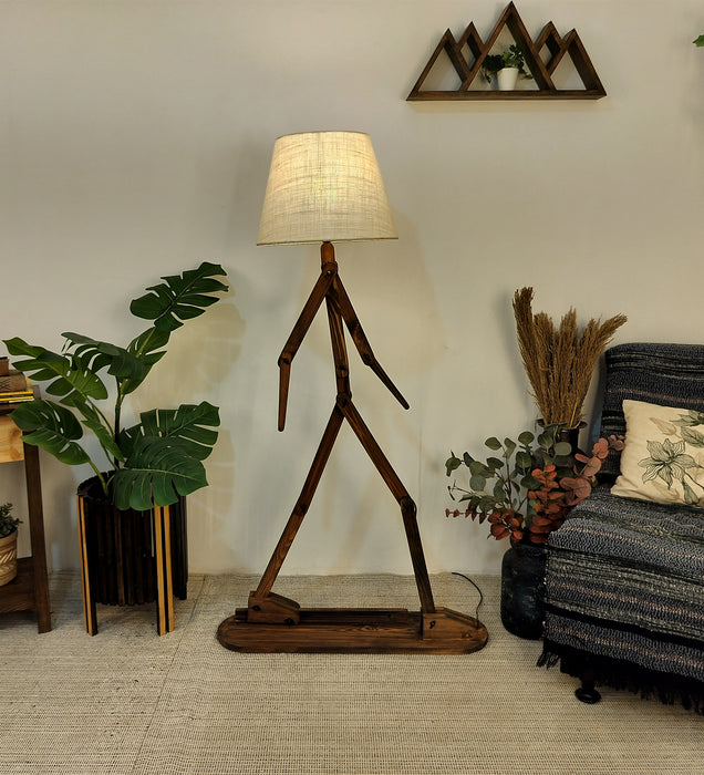 Moonwalker Wooden Floor Lamp with Brown Base and Premium Beige Fabric Lampshade