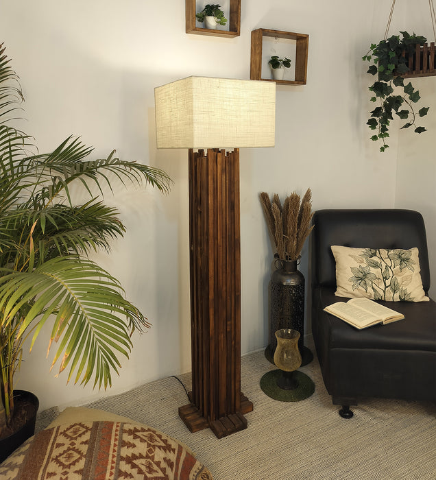 Palisade Wooden Floor Lamp With Brown Base and Beige Fabric Lampshade