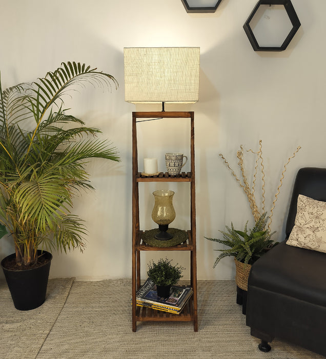 Raphael Wooden Floor Lamp with Brown Base and Jute Fabric Lampshade