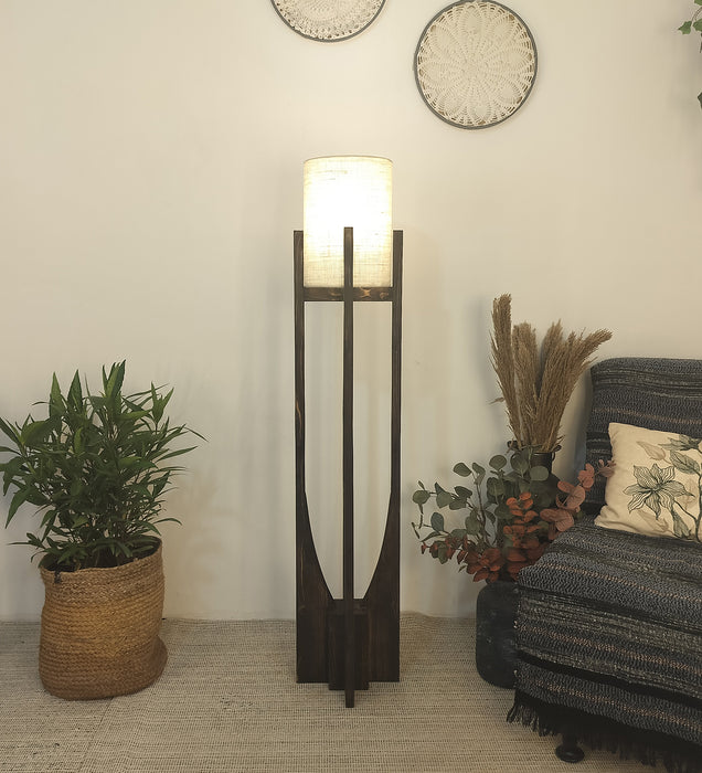 Solitaire Wooden Floor Lamp with Brown Base and Beige Fabric Lampshade