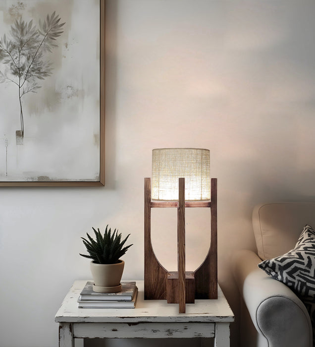 Solitaire Wooden Table Lamp with Brown Base and Yellow Fabric Lampshade
