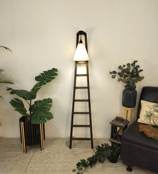 Stairway Wooden Floor Lamp with Brown Base and Jute Fabric Lampshade