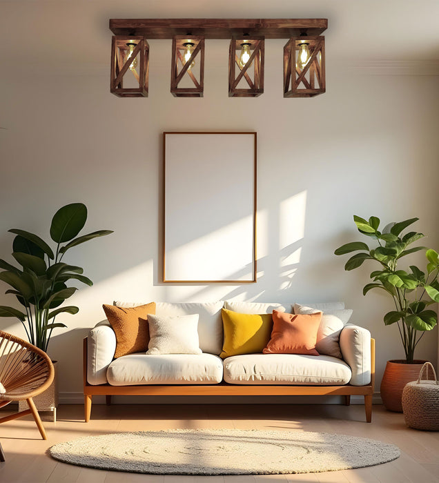 Symmetric Brown Wooden 4 Series Ceiling Lamp