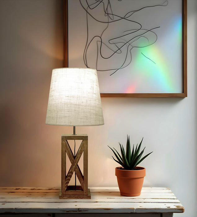 Symmetric Brown Wooden Table Lamp with Black Fabric Lampshade