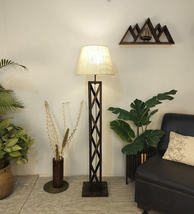 Symmetric Wooden Floor Lamp With Brown Base and Beige Fabric Lampshade
