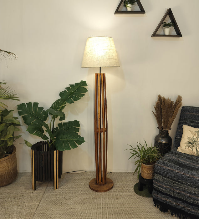 Tall Boy Wooden Floor Lamp With Brown Base and Beige Fabric Lampshade