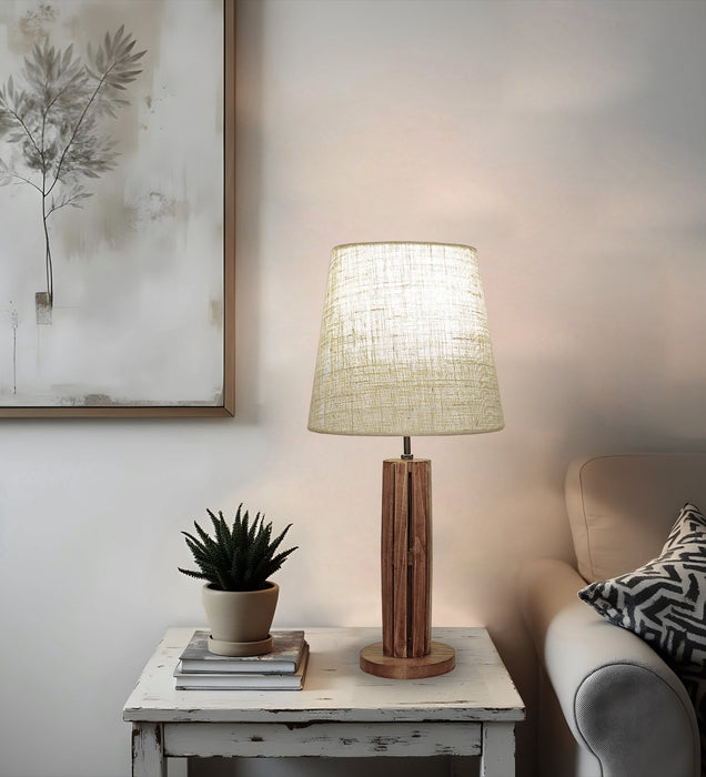 Tall Boy Wooden Table Lamp with Brown Base and White Fabric Lampshade