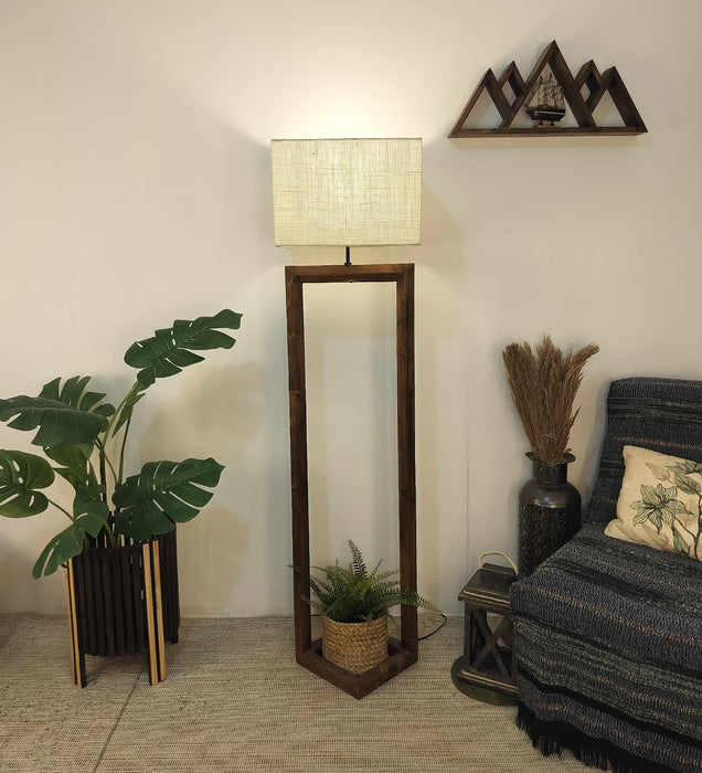 Tesseract Wooden Floor Lamp with Brown Base and Beige Fabric Lampshade