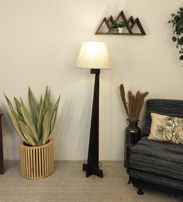 Trigo Wooden Floor Lamp with Brown Base and Beige Fabric Lampshade