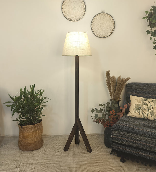 Trinca Wooden Floor Lamp with Brown Base and Jute Fabric Lampshade