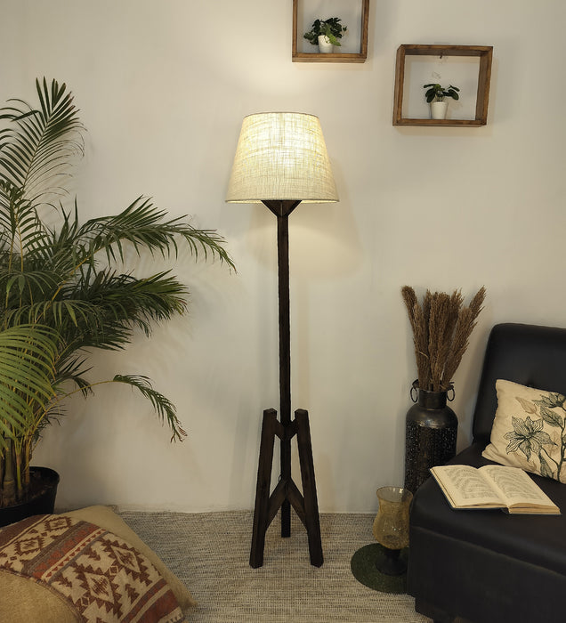 Troika Wooden Floor Lamp with Brown Base and Beige Fabric Lampshade