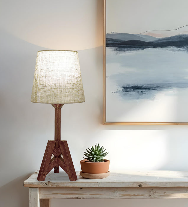 Troika Wooden Table Lamp with Brown Base and White Fabric Lampshade