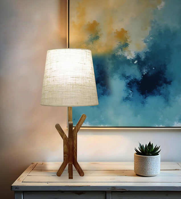 Vrikshya Wooden Table Lamp with Brown Base and White Fabric Lampshade