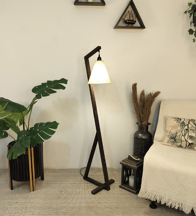 Zed Wooden Floor Lamp with Brown Base and Beige Fabric Lampshade