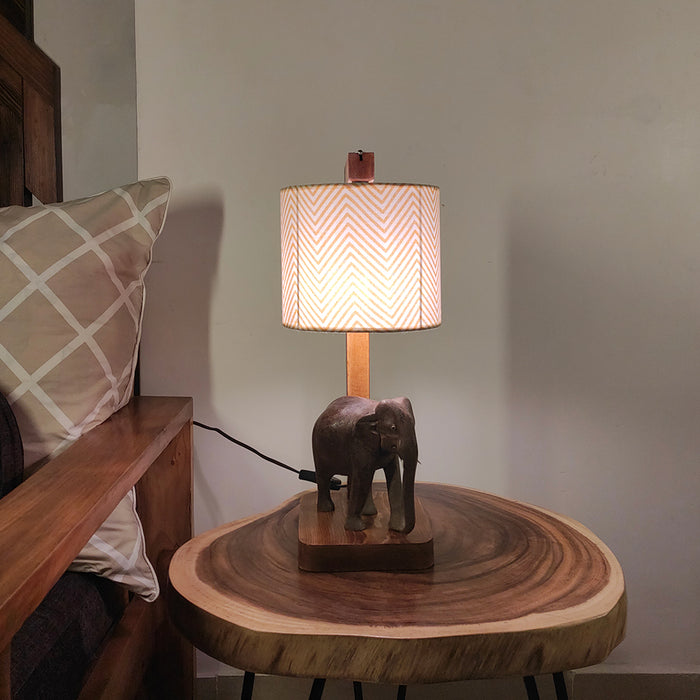 Elementary Wooden Table Lamp with Brown Base and Yellow Fabric Lampshade