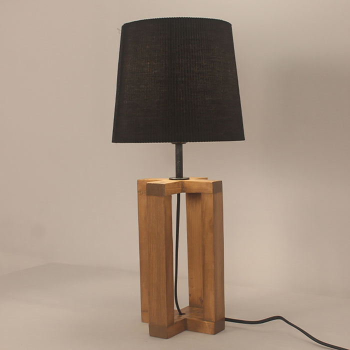 Criss Cross Brown Wooden Table Lamp with Yellow Printed Fabric Lampshade